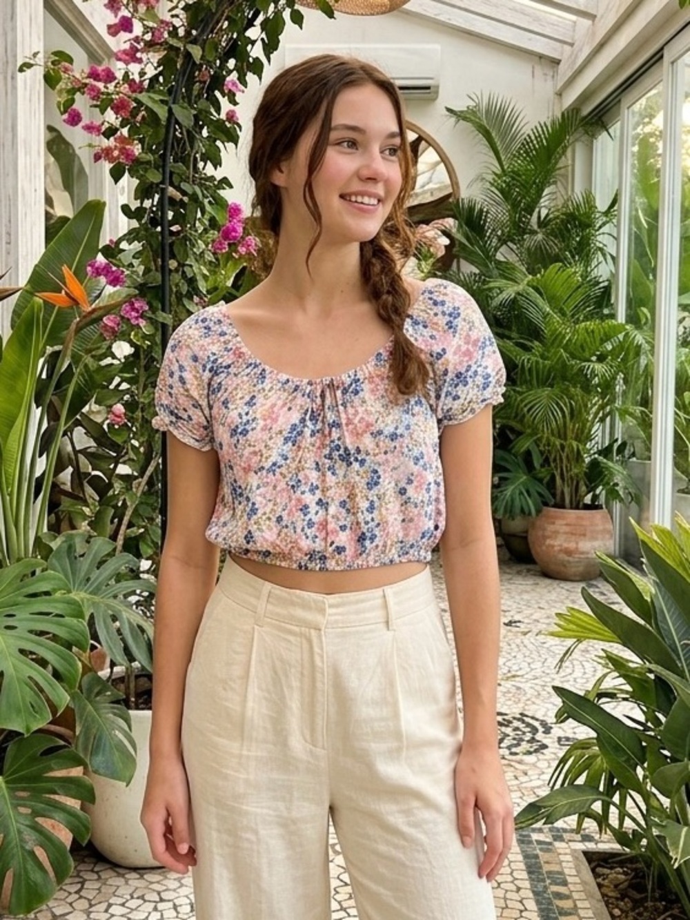 Wallflower Pink and Blue Floral Puff-Sleeve Crop Top